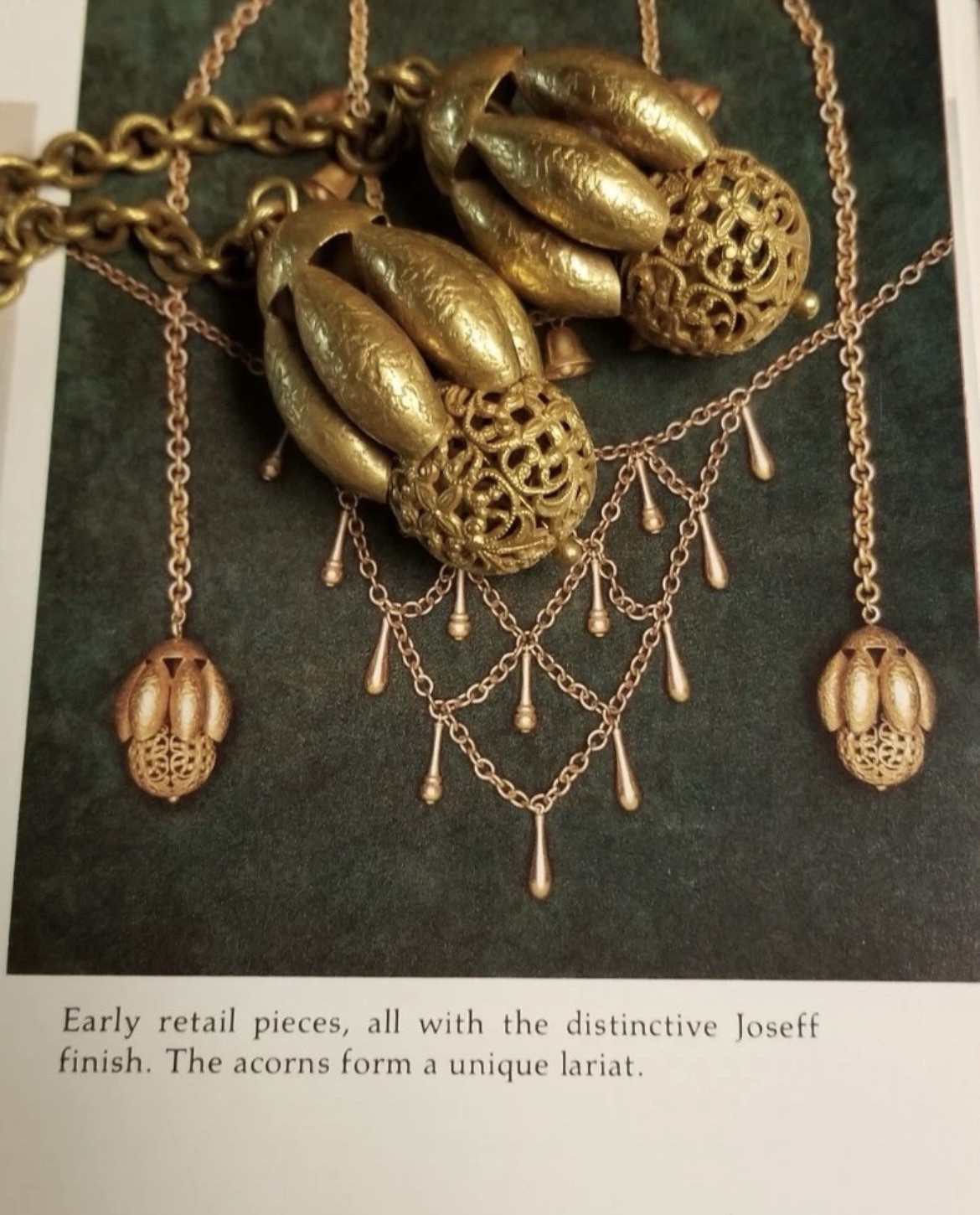 Joseff Of Hollywood Rare Lariat Acorns Necklace Russian Gold Finish Book Piece
