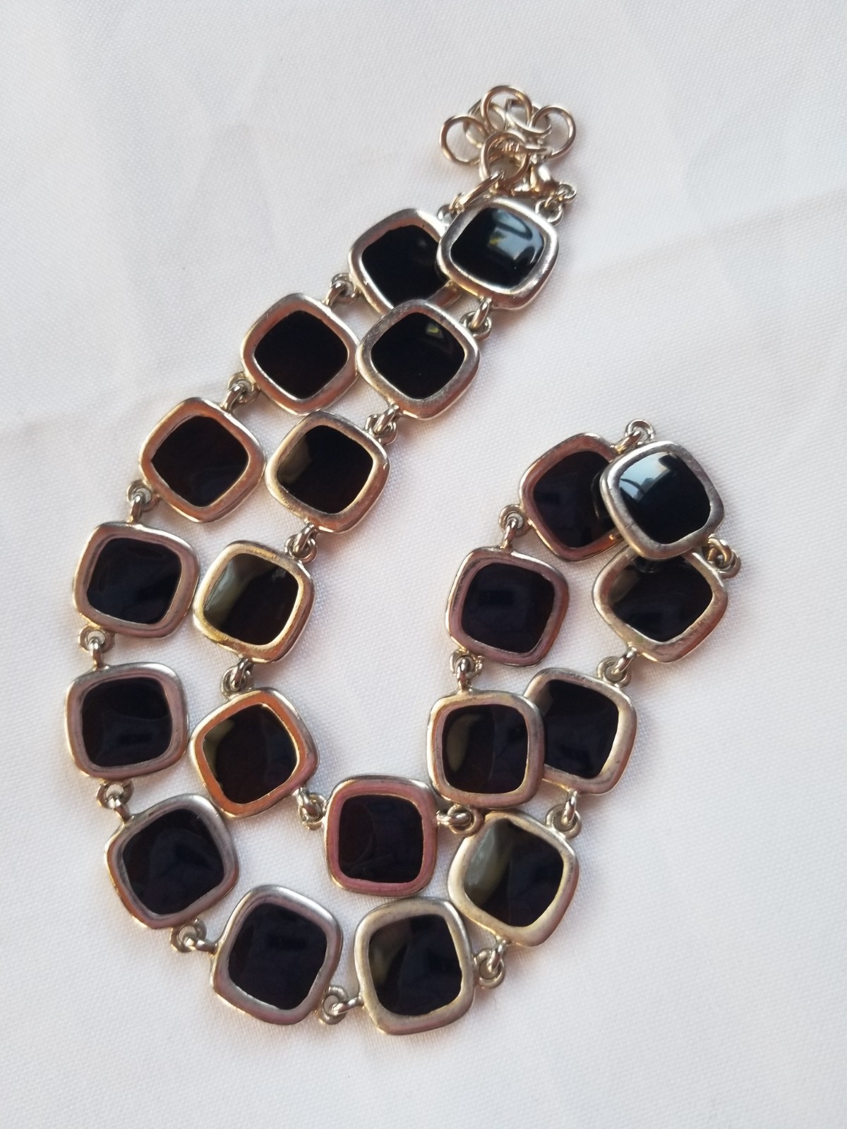 Vintage 1970s Black and Cream Enamel Geometric Necklace Reversible Silvertone