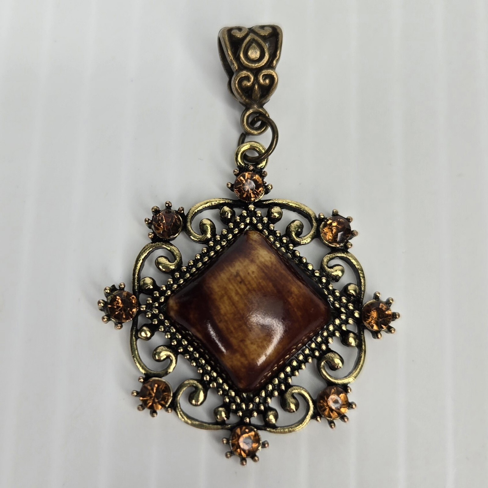 Vintage Filigree Pendant Brass Amber Brown Cabochon Victorian Style Jewelry