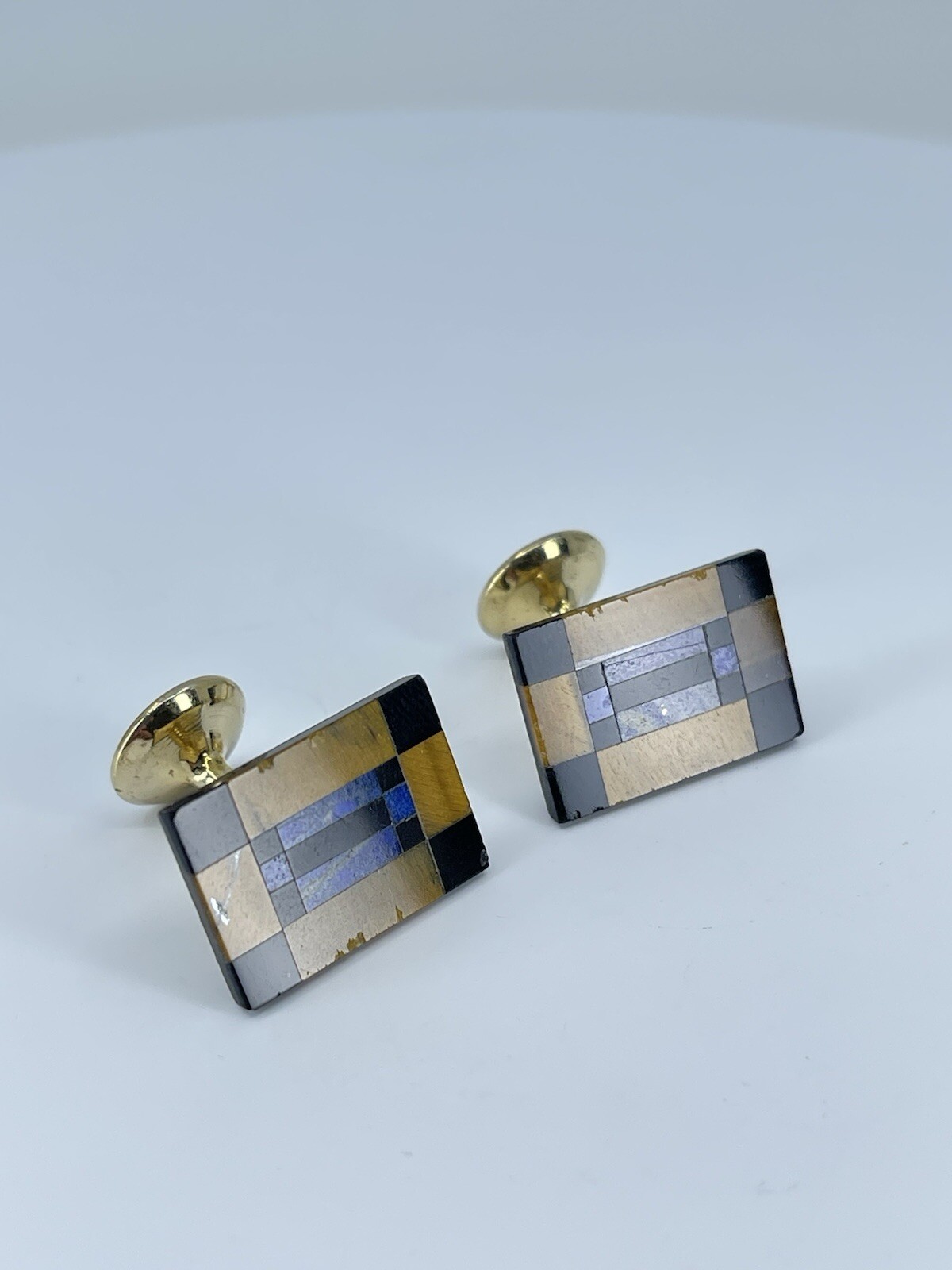 Vintage Onyx Lapis Tigers eye rectangle cufflinks polished gold tone fixed backs