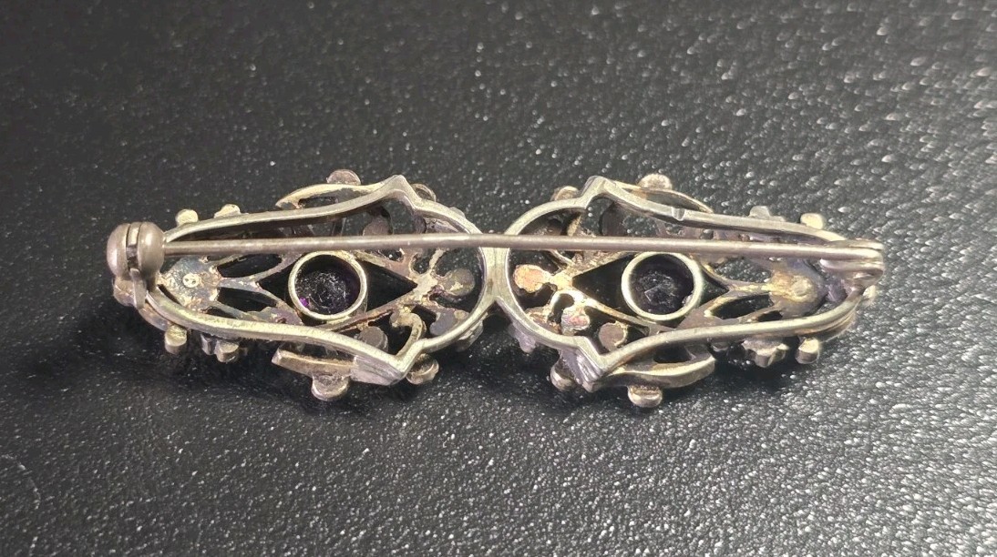 Antique Art Deco Silver Czech Glass & Seed Pearl Enamel Brooch