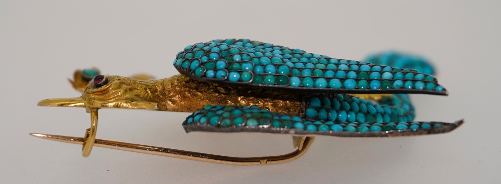 Antique 18K Pave Turquoise & Ruby French Bird Brooch