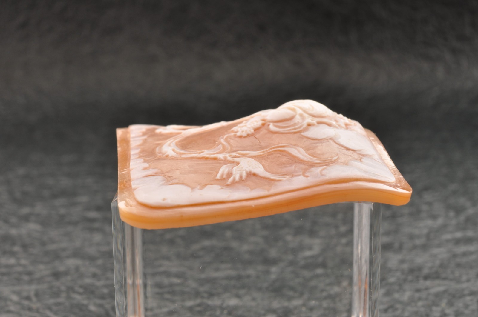 Vintage square shell cameo “Angels and goddesses”, (77.0ct) sign by artist box.
