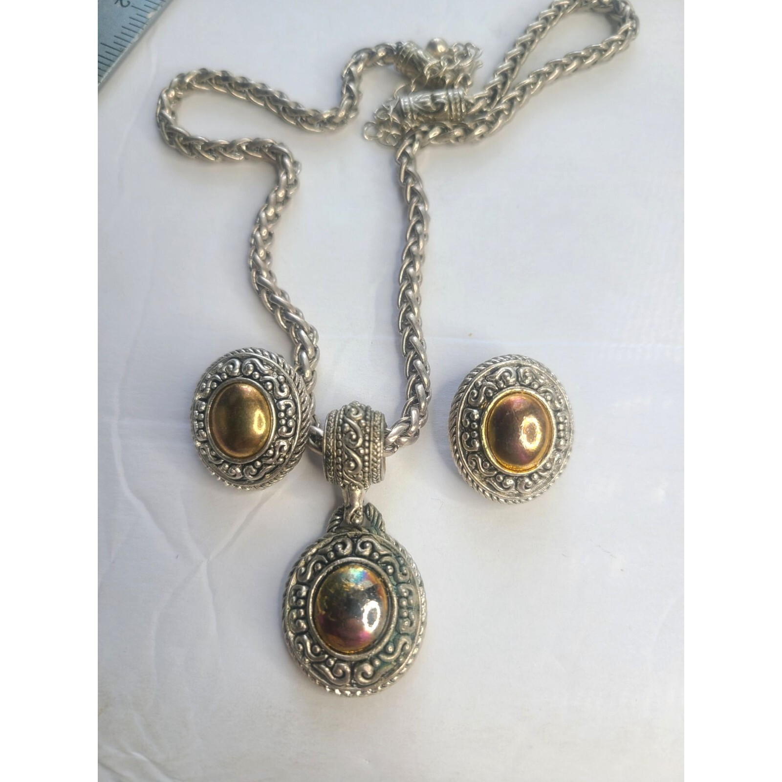 Vintage Avon Bohemian Silver & Gold Tone Jewelry Set Necklace & ClipOn Earrings