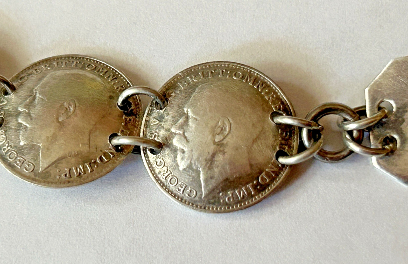 Antique British King George 3 Pence ID Bracelet Aprx 7” In Sterling Silver