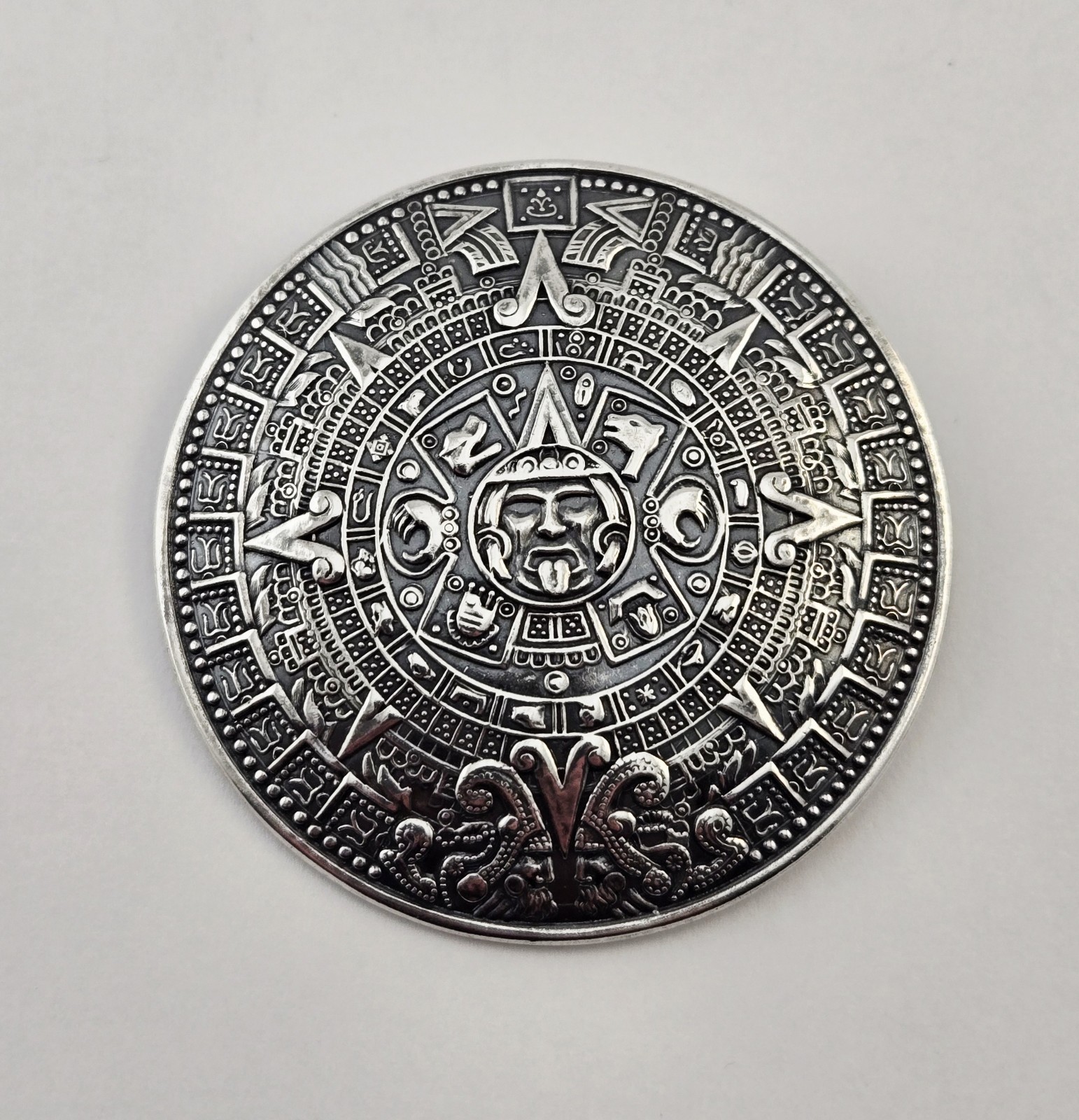 Vintage Taxco Sterling Silver Aztec Mayan Calendar Brooch Pendant 925 3″ – 30g
