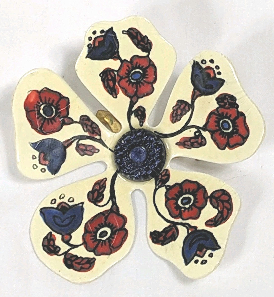 W Germany Flower Brooch Ceramic Hand Painted Traditional Floral Design Red Blue