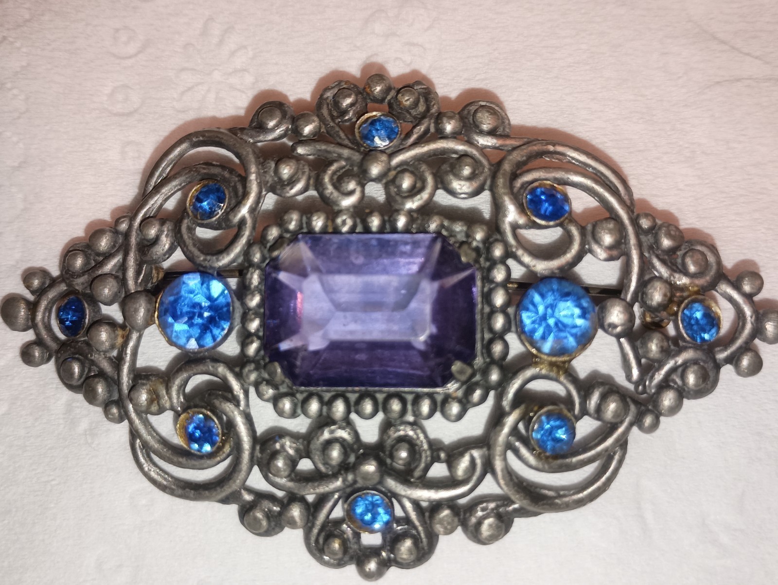 Gorgeous Victorian Large Brooch Blue Sapphire & Purple Amethyst Stones 3″