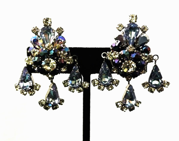Fabulous Vintage Silver Tn BLUE AB Rhinestone Cluster Drop Clip Earrings AUSTRIA