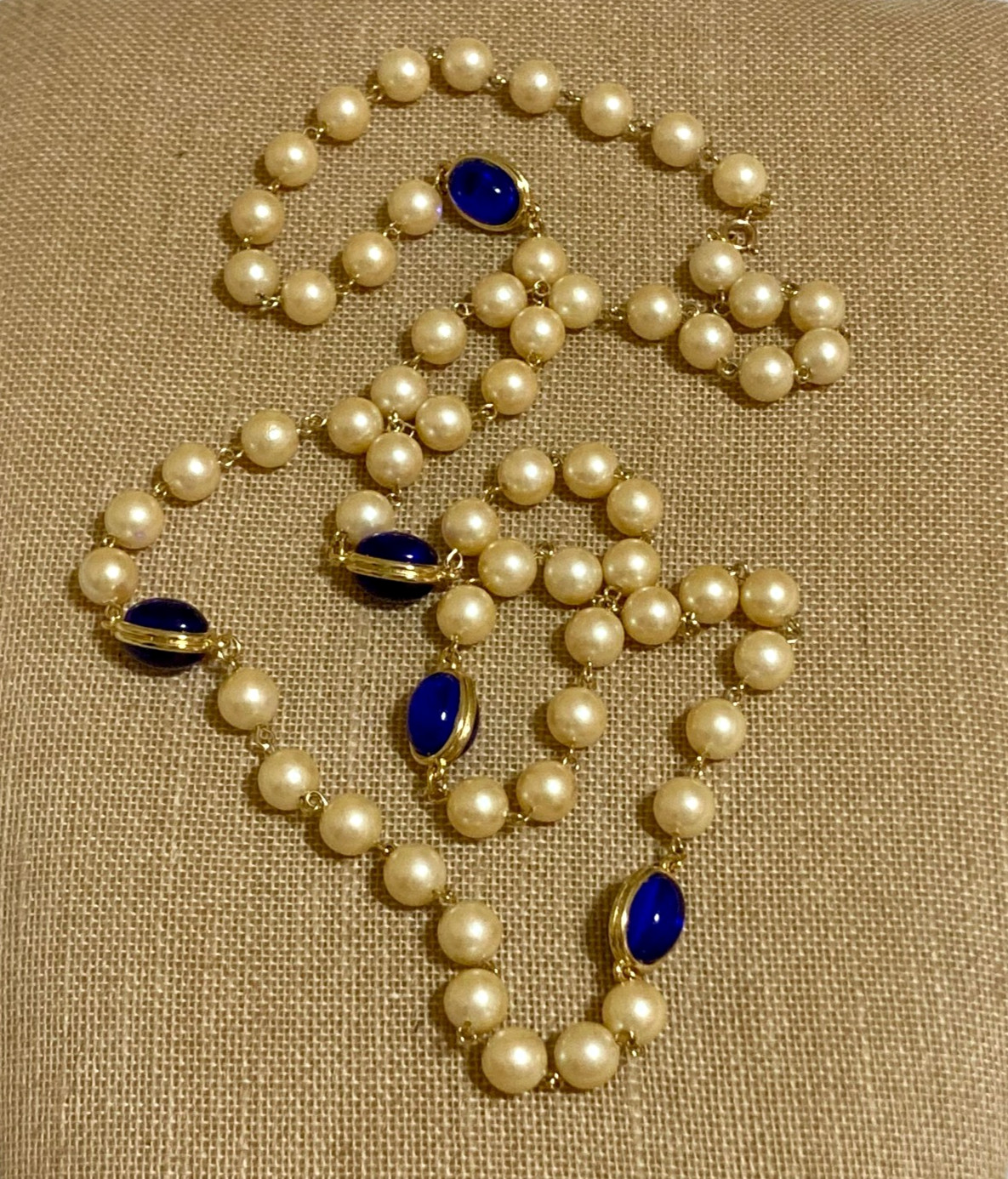 Vintage Faux Pearl Beaded Necklace Bezel Cobalt Blue Cabochon Opera Flapper 42″