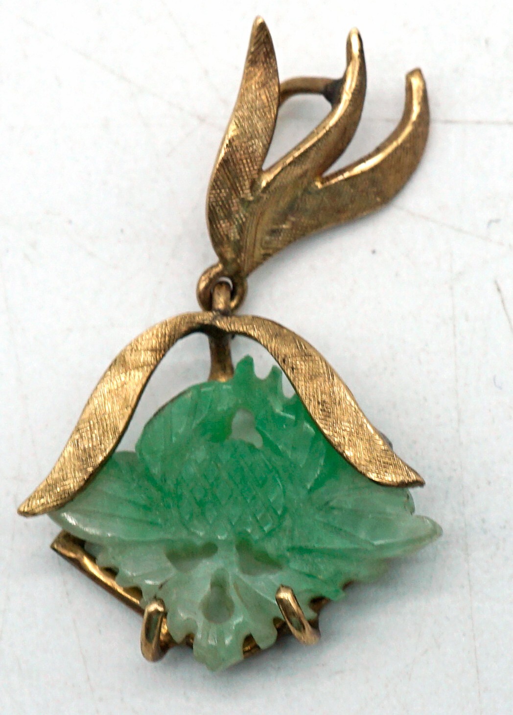 Vintage Green Jadeite Jade Pendant Pierced Floral Design in 14K Gold Setting