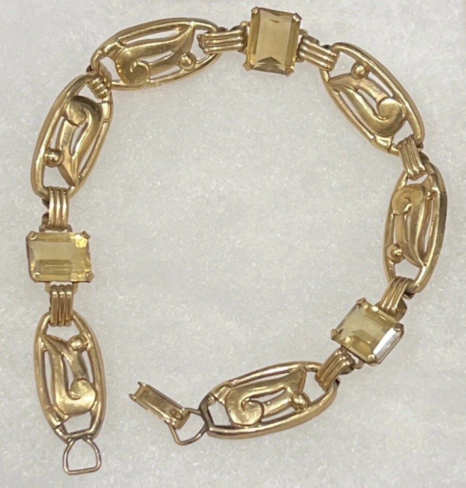 Vintage 1/20th 12K Gold Filled Link Bracelet w Yellow Stones—8.25” Long
