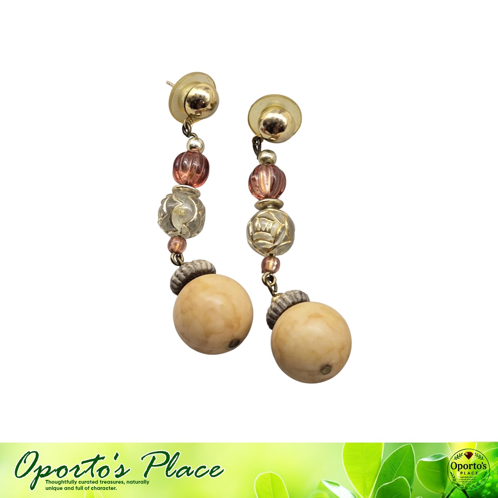 Vintage Post Dangle Drop Earrings Boho Style Multimedia Beads Goldtone Metal