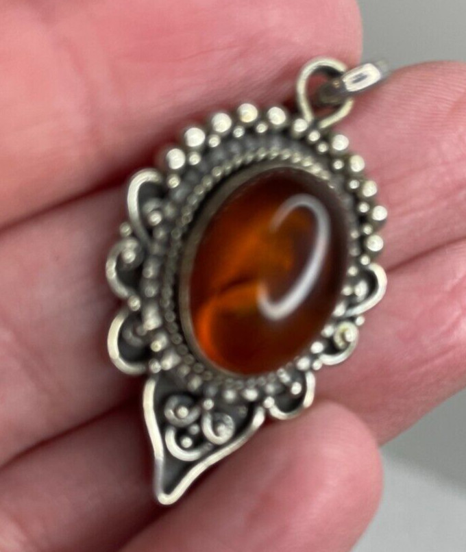 Vintage .925 Silver Necklace Pendant Only With Amber Stone