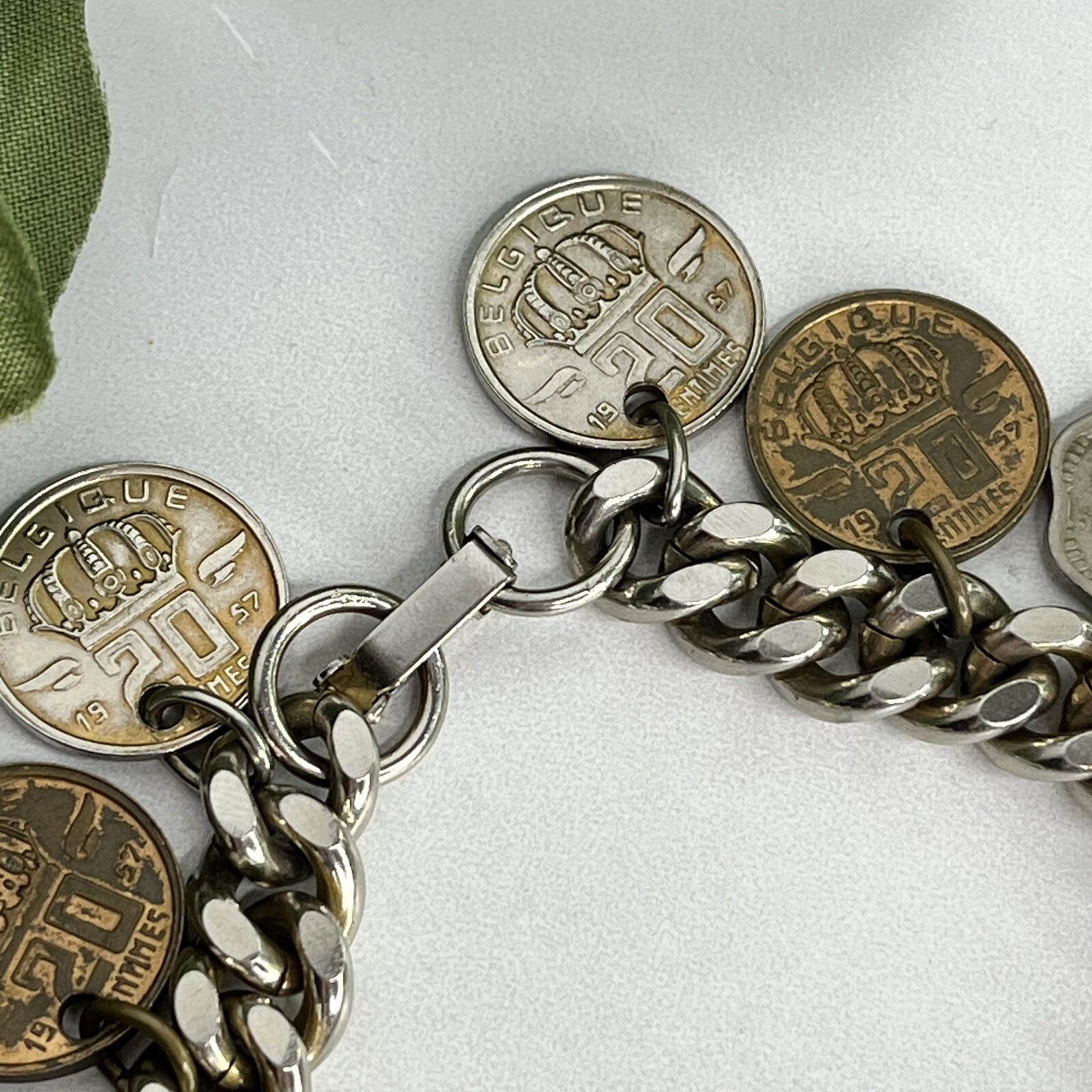 Vintage 13 Coin Charm Bracelet Belgium, India, Pakistan 1957 1959 1955 7”