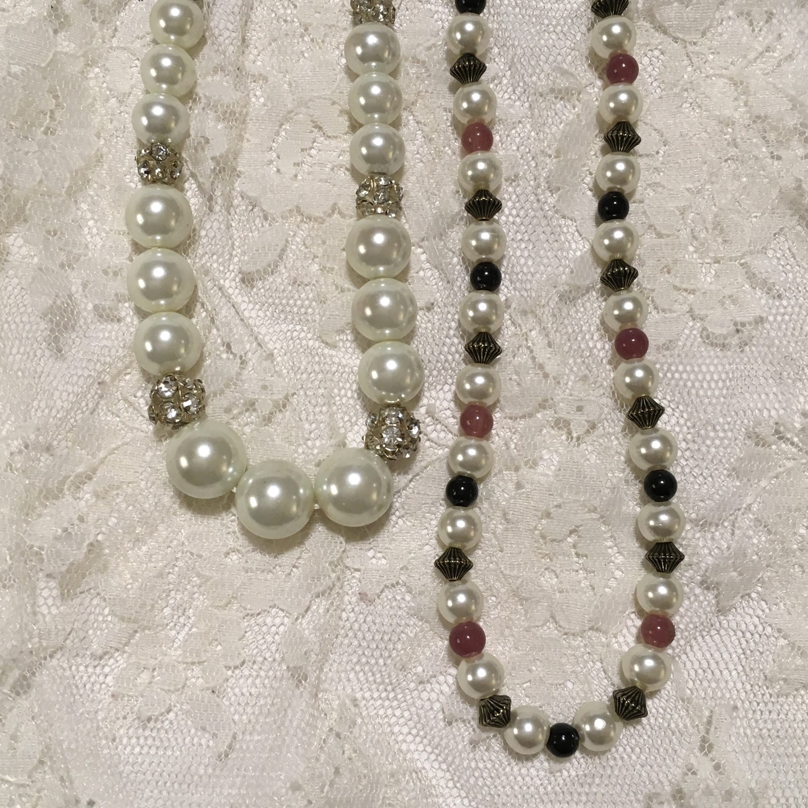 Vintage Faux Pearl Bead Necklaces 2 Rhinestones Silver color Pink Beads