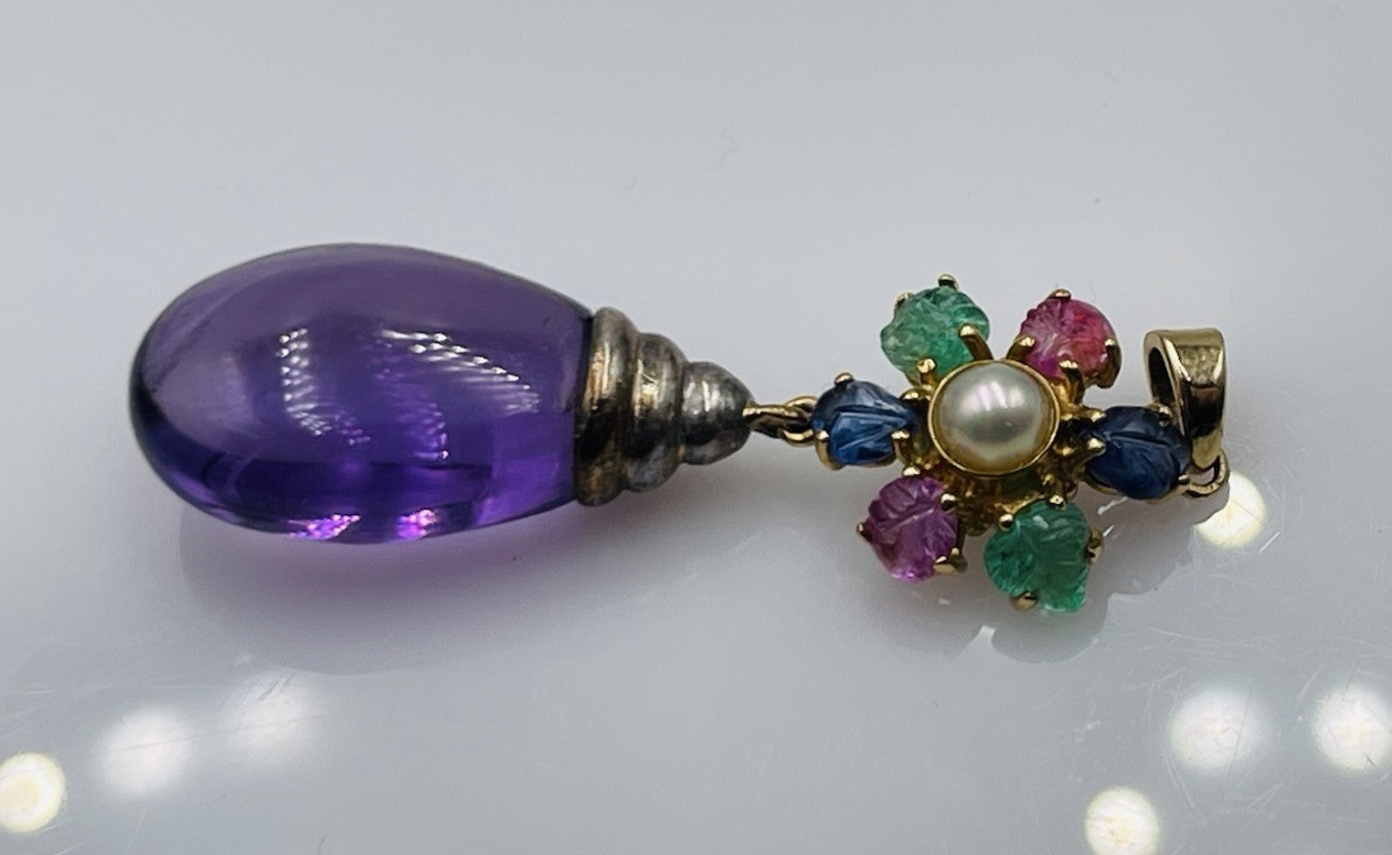 Vintage 18k Gold & Sterling Tutti Frutti Sapphire Emerald Ruby Amethyst Pendant