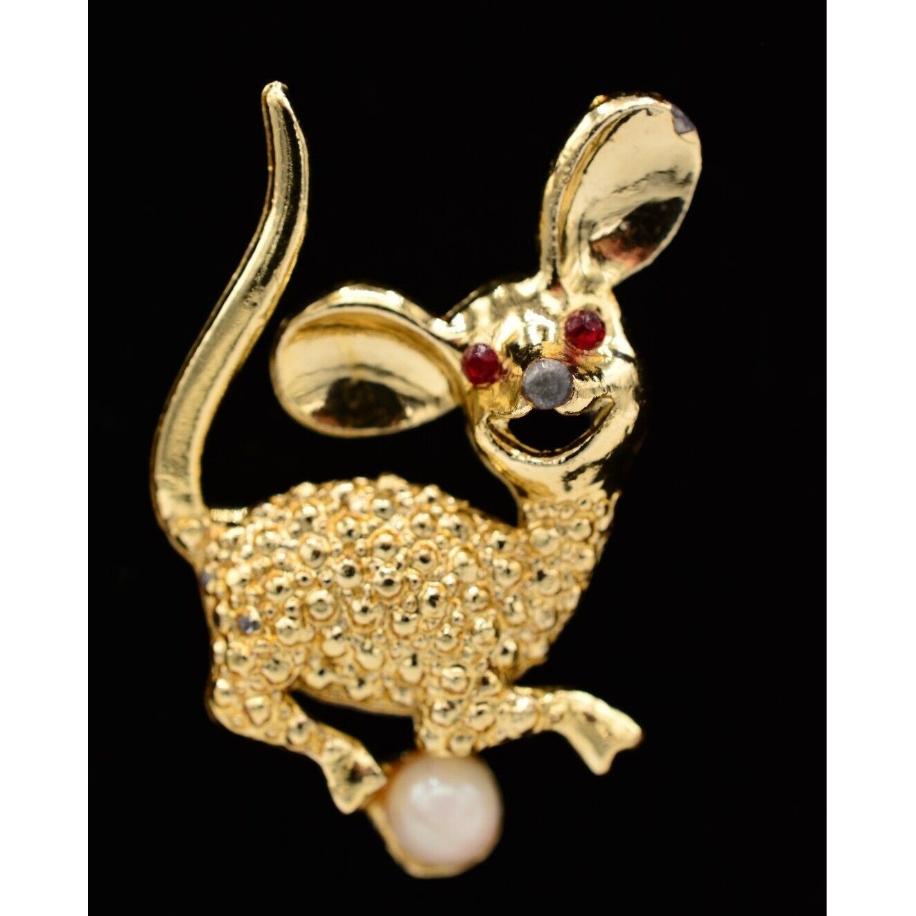 Vintage Cute Mouse Pin Brooch Brushed Gold Pearl Red Rhinestone NOS 1980s BinA3