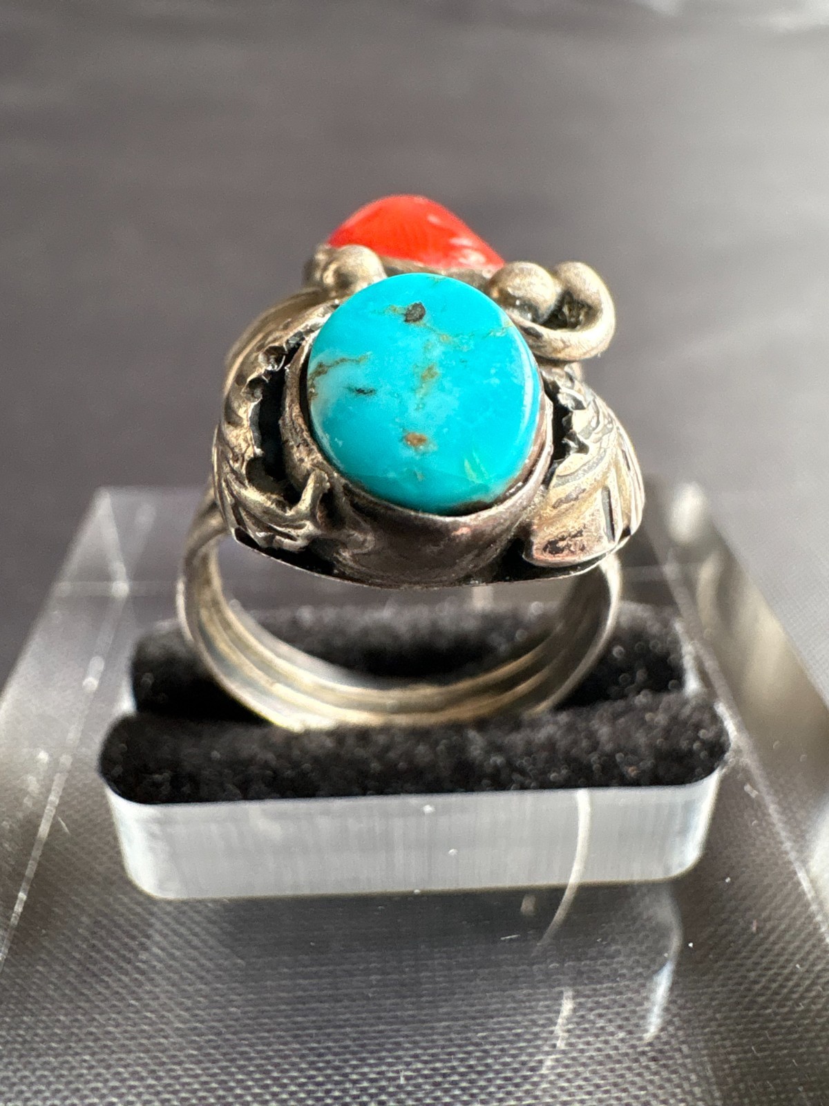 Vintage Silver Native American JW Turquoise & Coral Ring Size 6.5 US