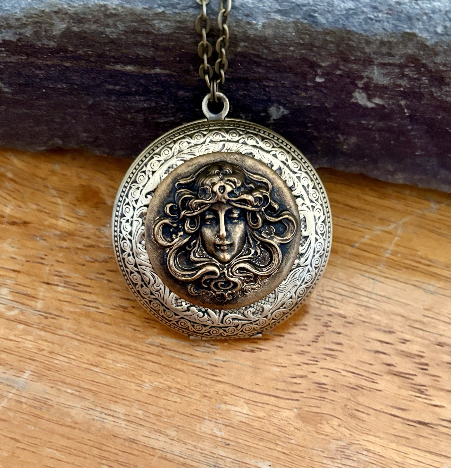 Vintage Goddess Lady w/ Headpiece Locket Necklace, Art Nouveau Victorian Pendant
