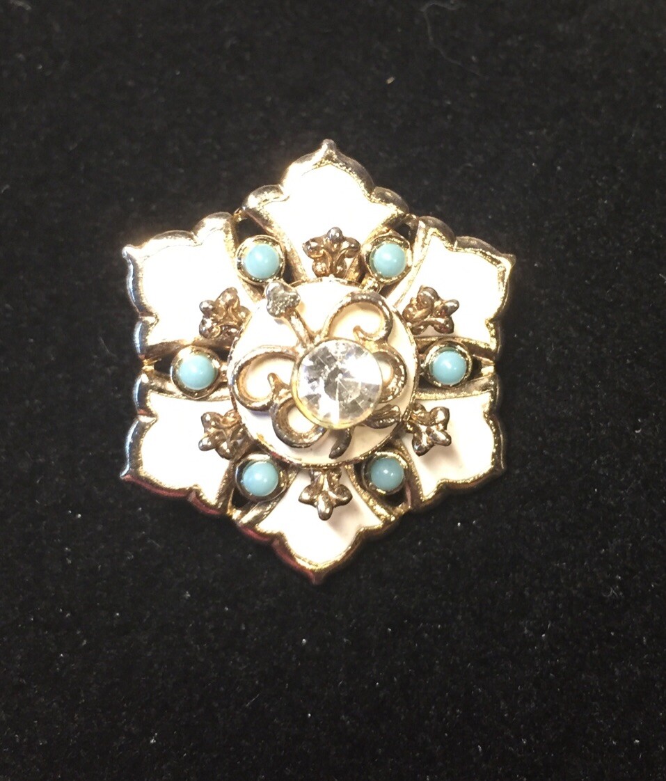 Vintage Rhinestone Enamel Turquoise Flower Brooch