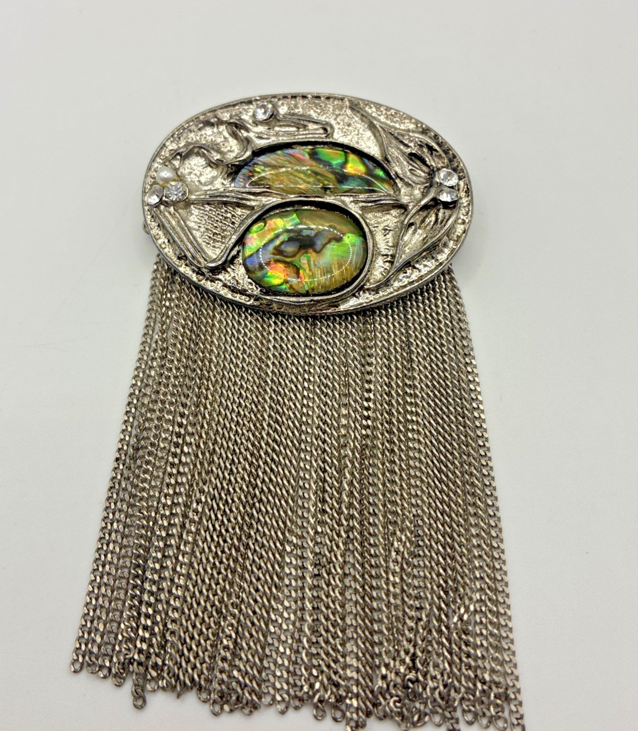 Vintage Brooch Abalone Shell Tassel Rhinestone Silver Tone Dangle Chain Pin