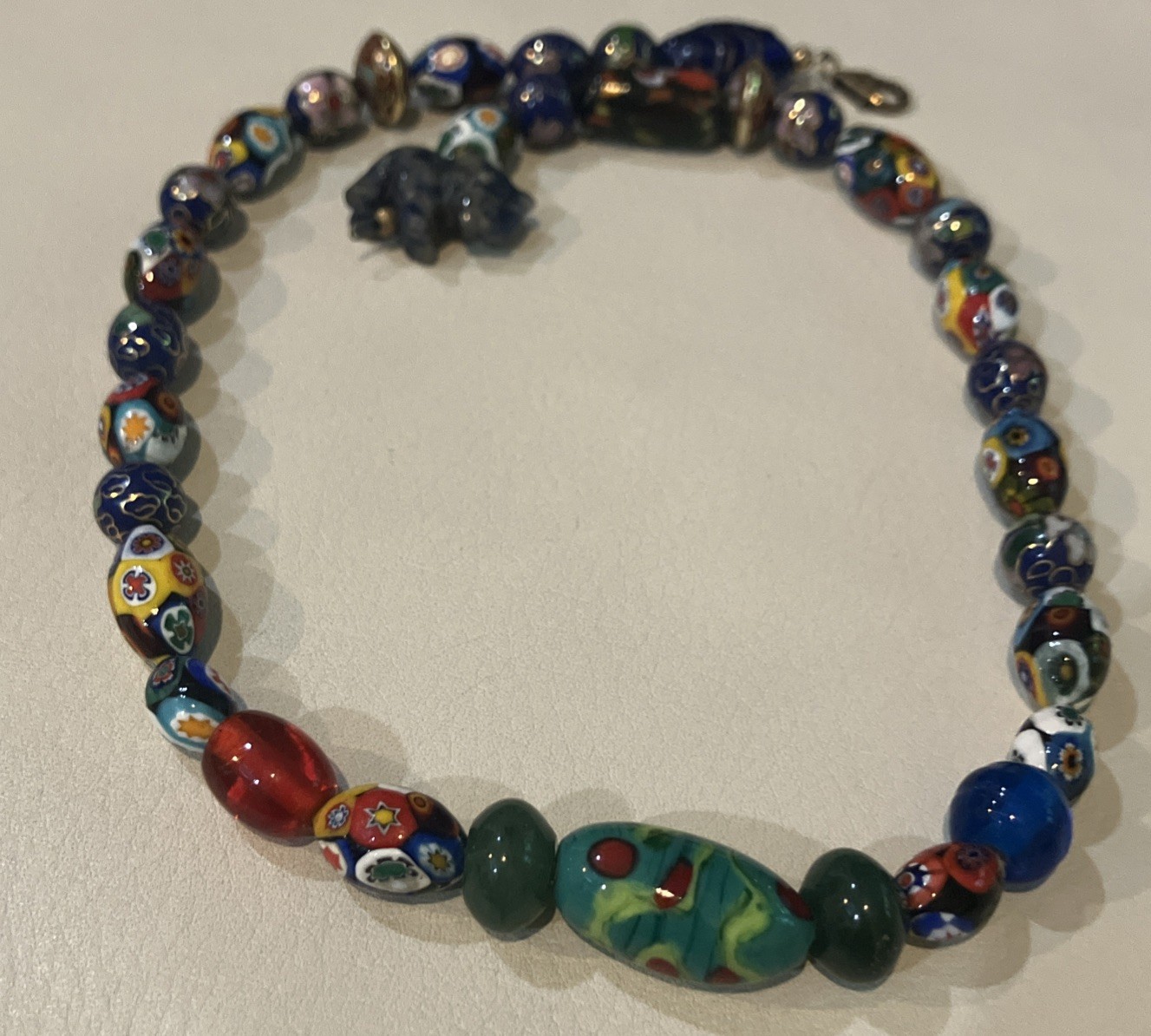 Italian Milifiore Oval Multicolored, Cloisonné & Carved Animals Bead Necklace