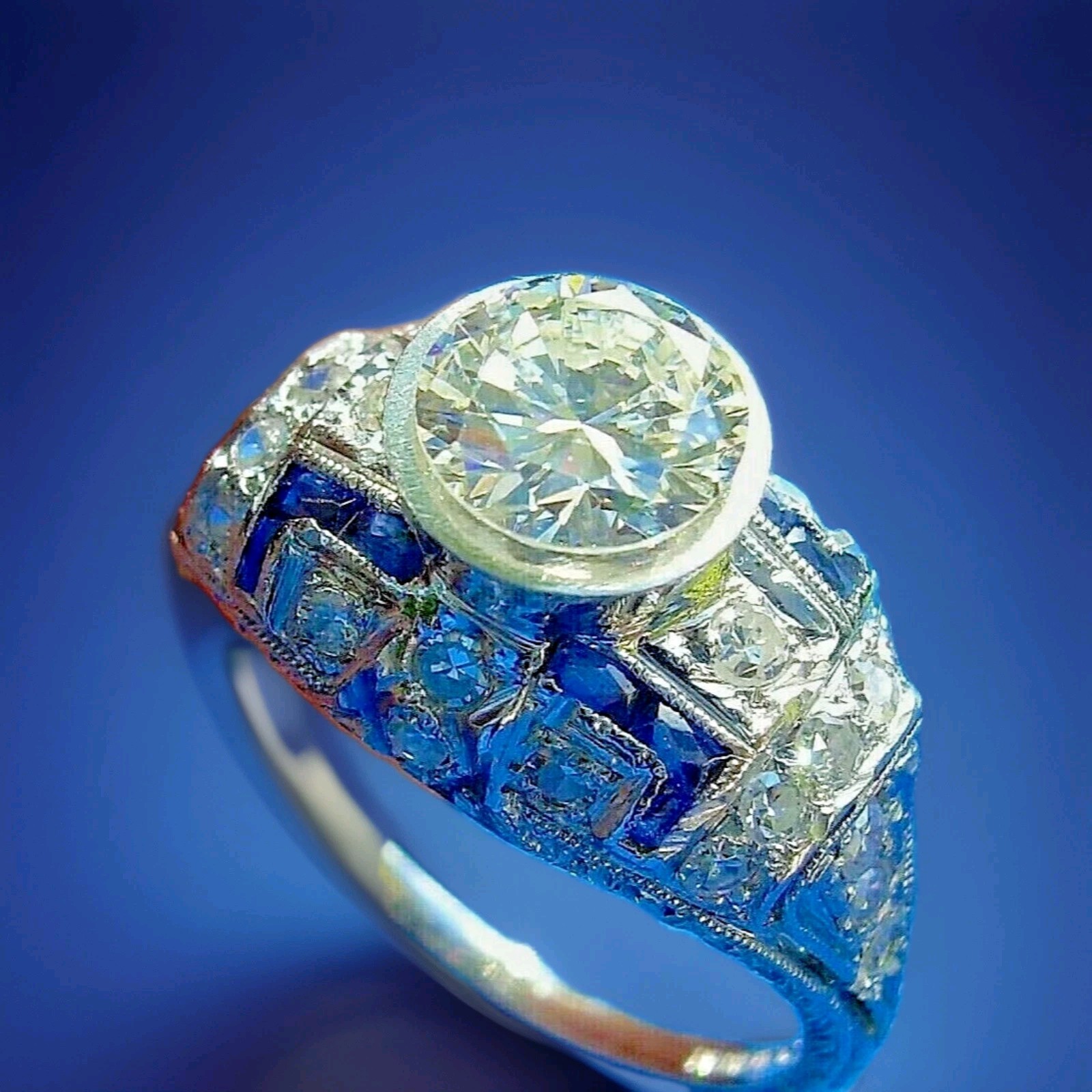 Original EARTH MINED DIAMOND Deco Engagement Ring Platinum Sapphire Solitaire 6