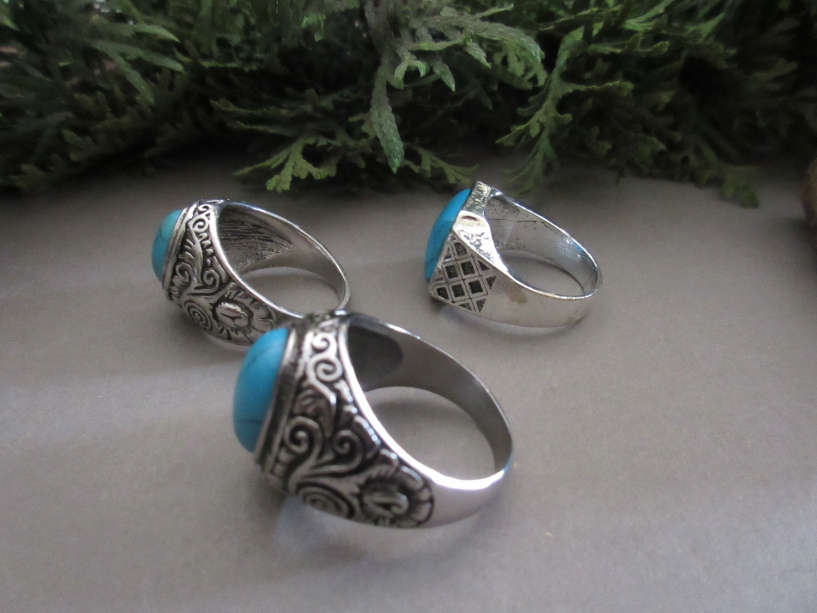 Mens Silver Tone & Turquoise Chunky Fashion Rings Large Assorted Sizes Lot of 3