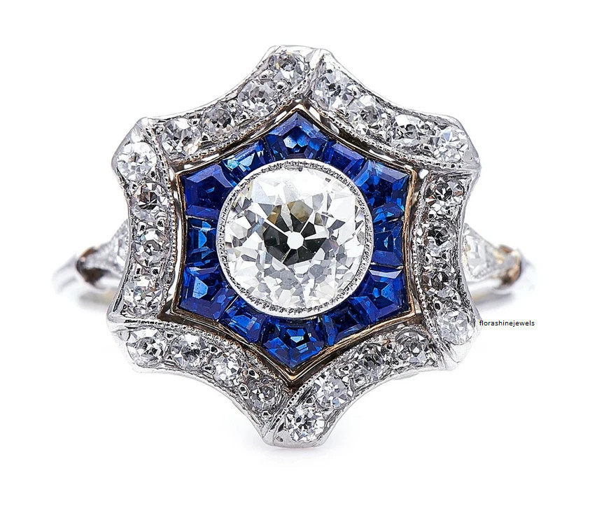 Antique Art Deco 925 Sterling Silver Cubic Zirconia & Blue Sapphire Cluster Ring