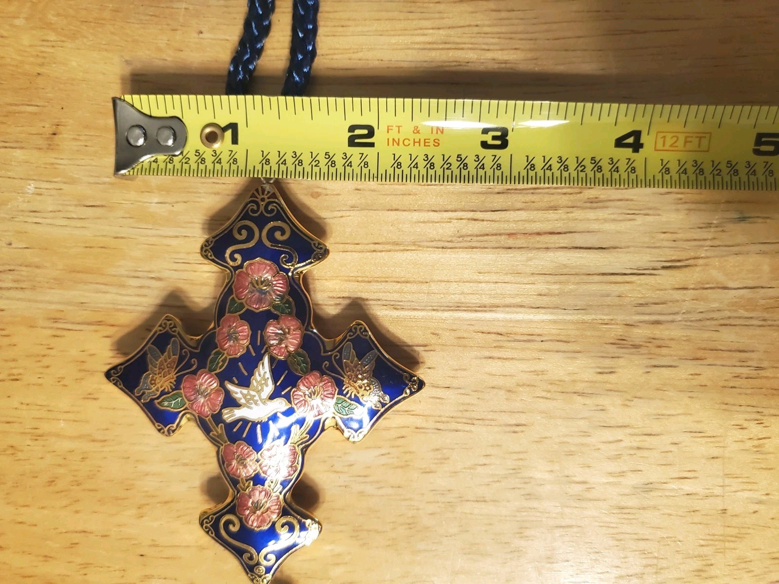 Vintage Cloisonne Cross Pendant Deep Blue with Goldtone Trim, 54.1 Grams Heavy