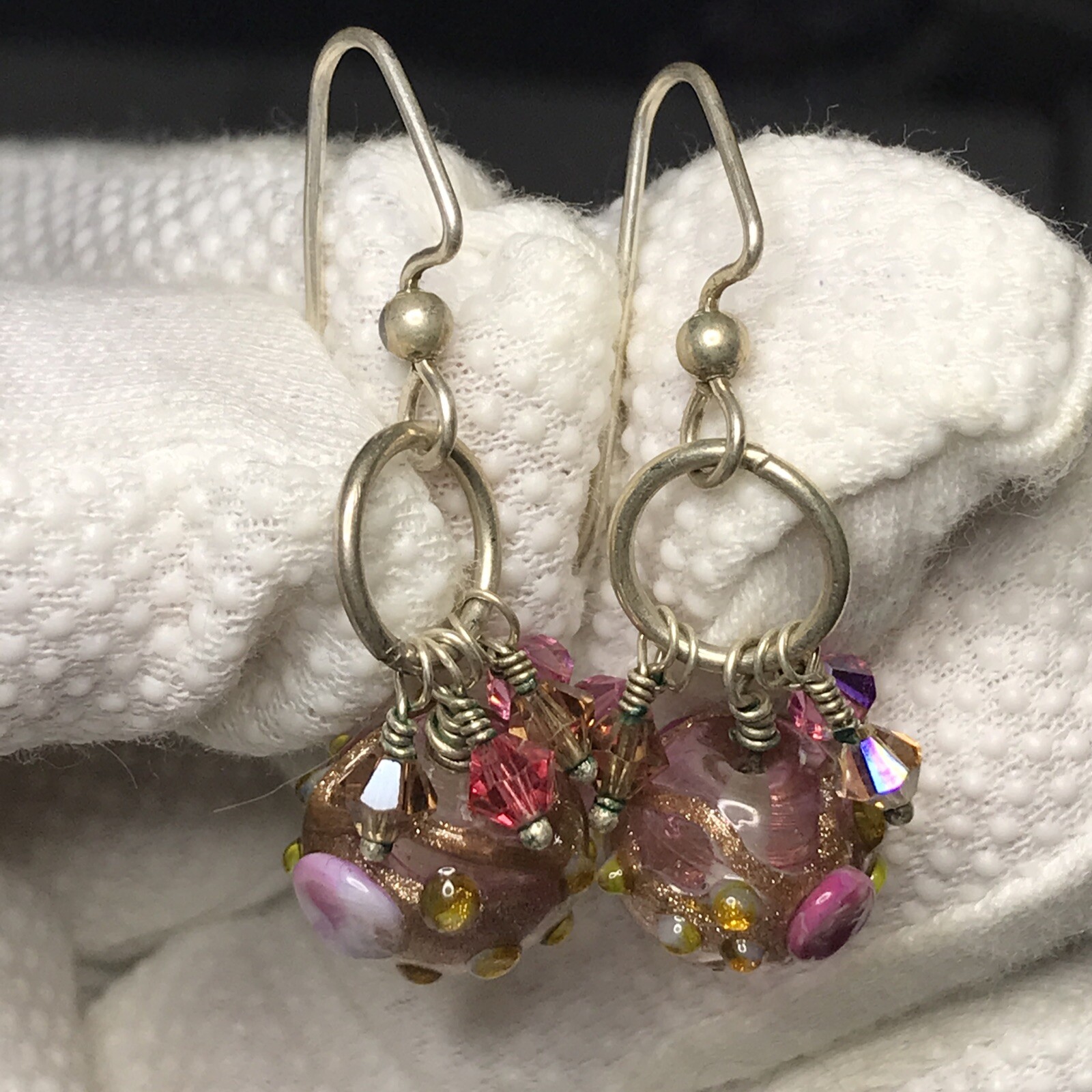 1.5” Drop BEAUTIFUL Murano Glass Venetian Wedding Cake Dangle Hook Pink EARRINGS