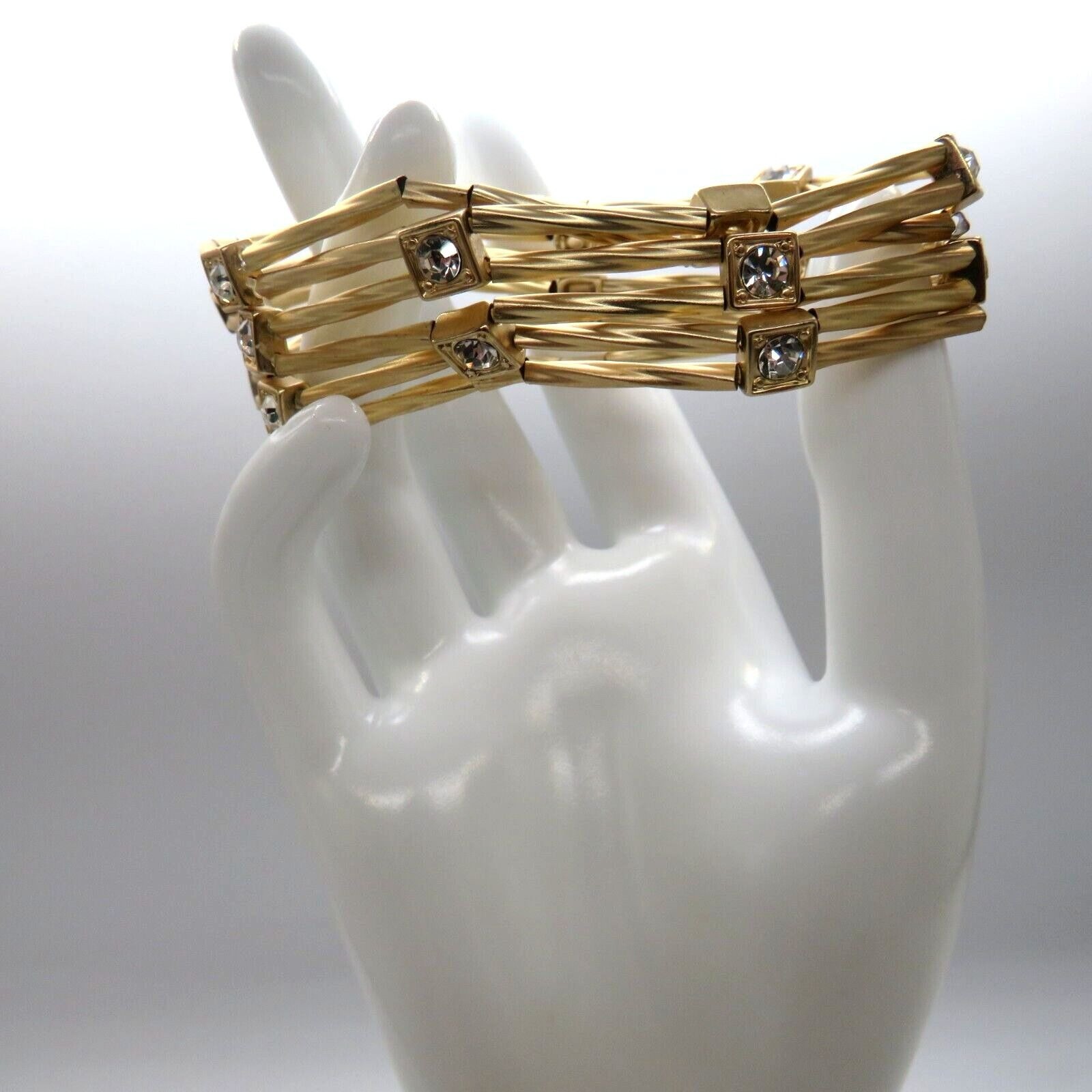 Brushed Gold Tone Stretch Bracelet Six Multi Strand Square Rhinestone Encrusted