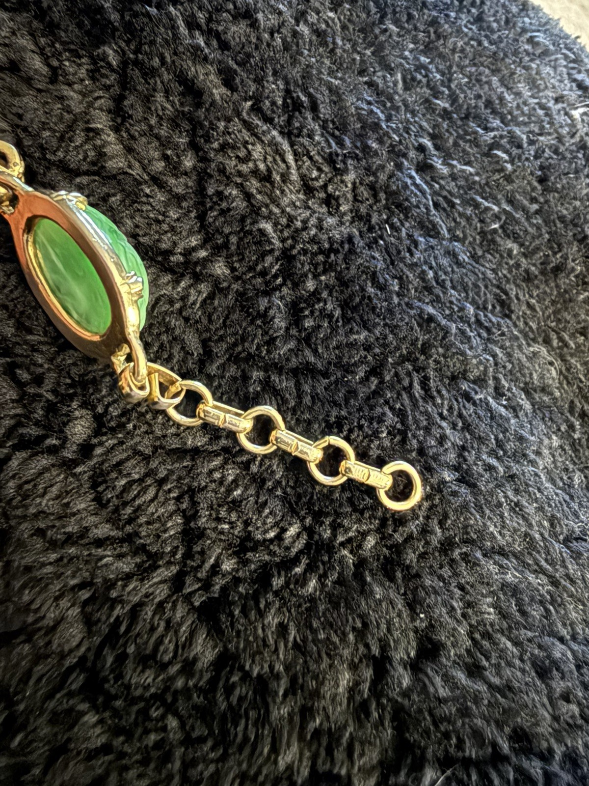 Vintage Faux Jade Scarab Oval Bracelet Gold Tone Green Bezel Set 5 Gemstones