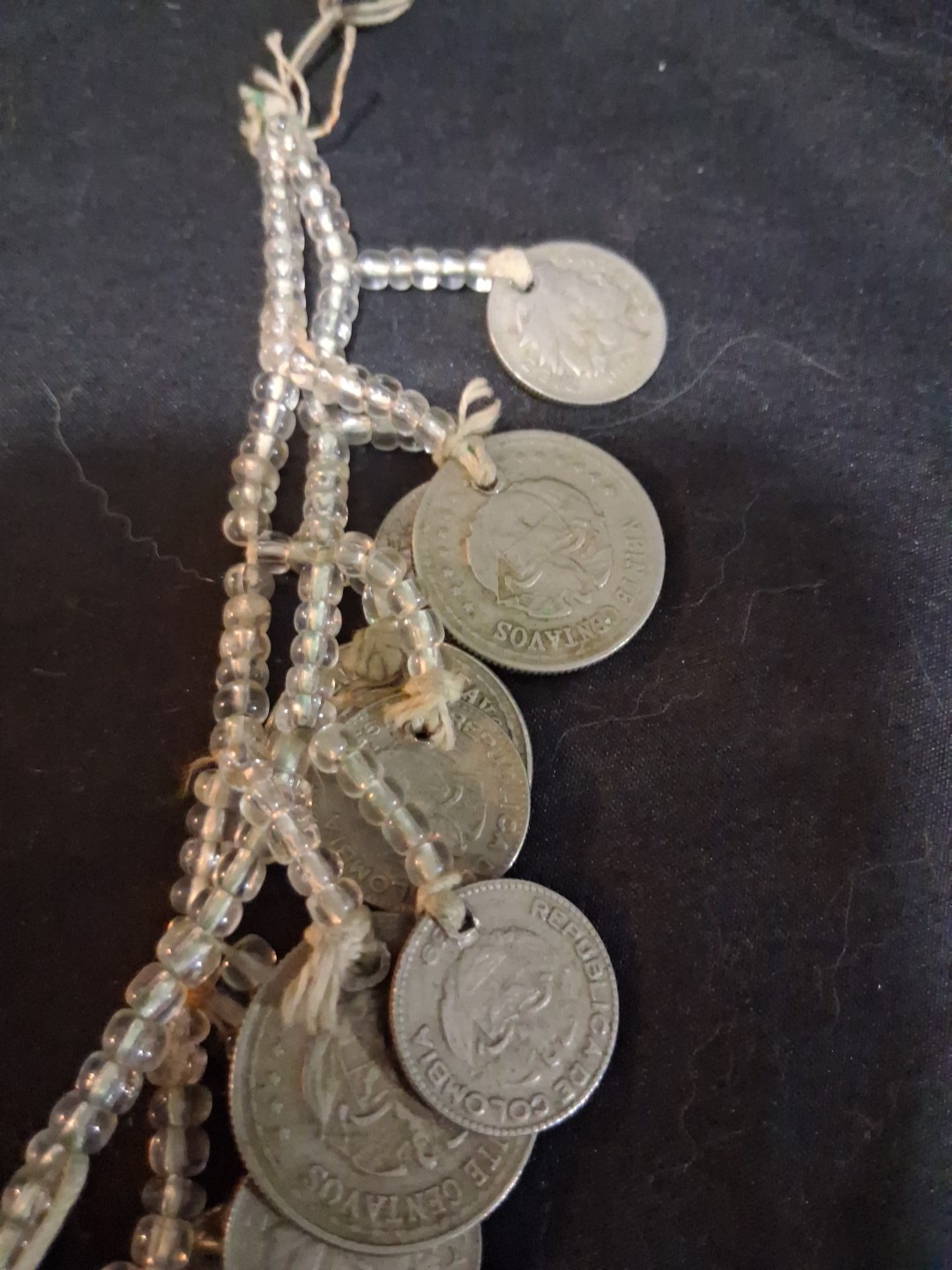 Coins From Around The World Necklace 1930s-60s Clear Beads String Custom Made