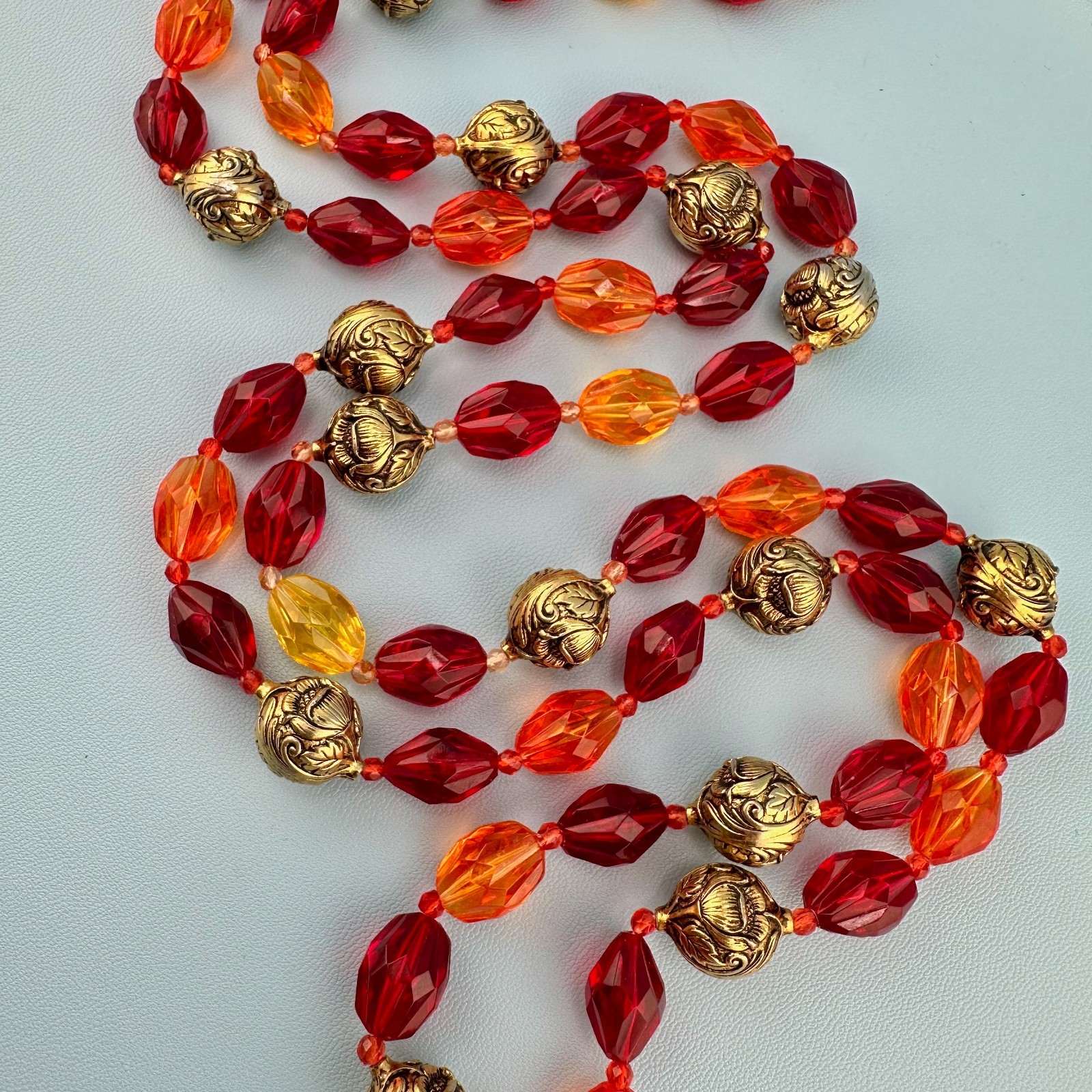Vintage Lucite Bead Gypsy Necklace Faceted Red Orange Gold Tone Floral 46″ Boho