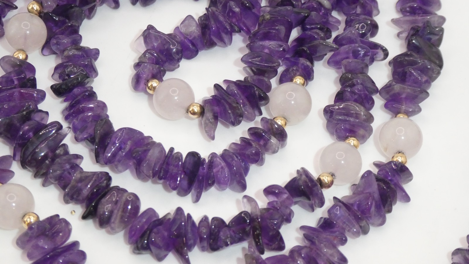 Amethyst Rose Quartz 10k Gold Spacer Beads 64” Opera Length Necklace Strand