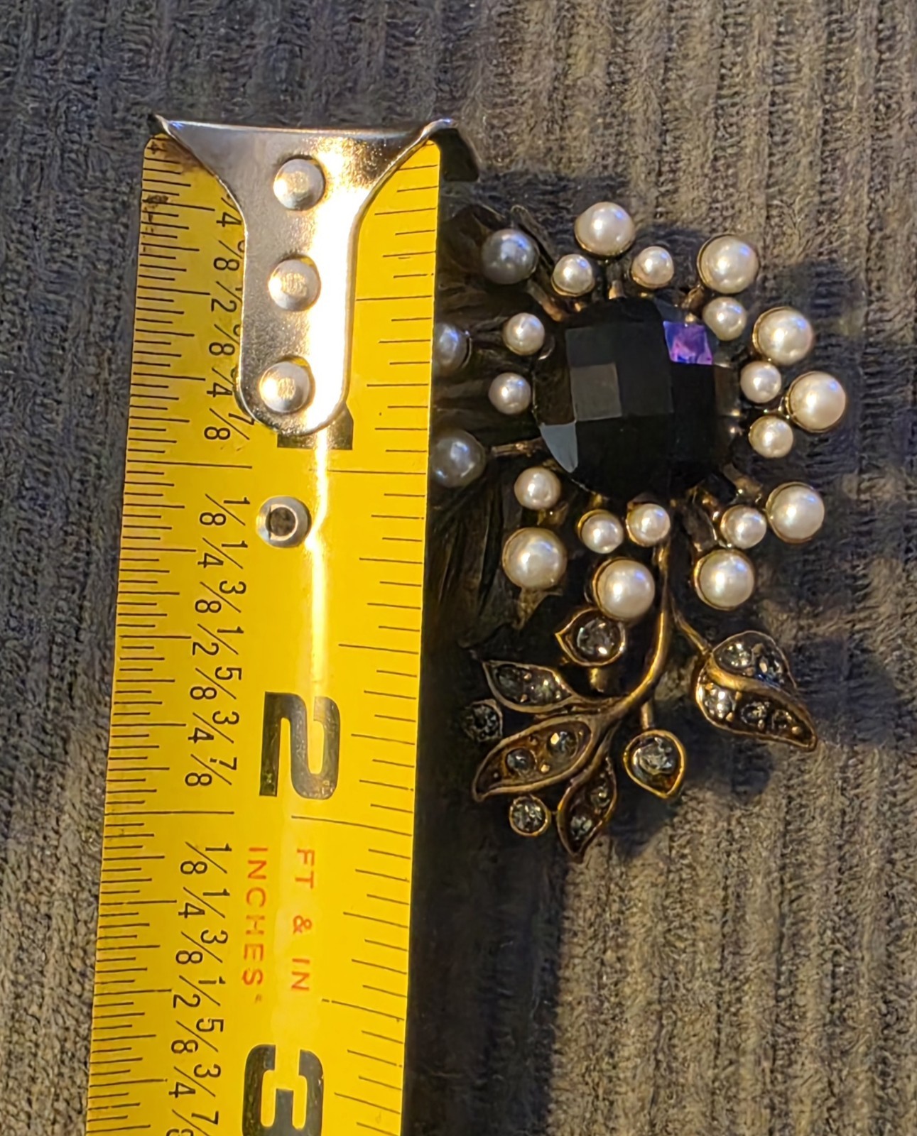 Vintage Bronze Color Black Faux Pearls & Gem Facette Onyx Color Brooch Pin