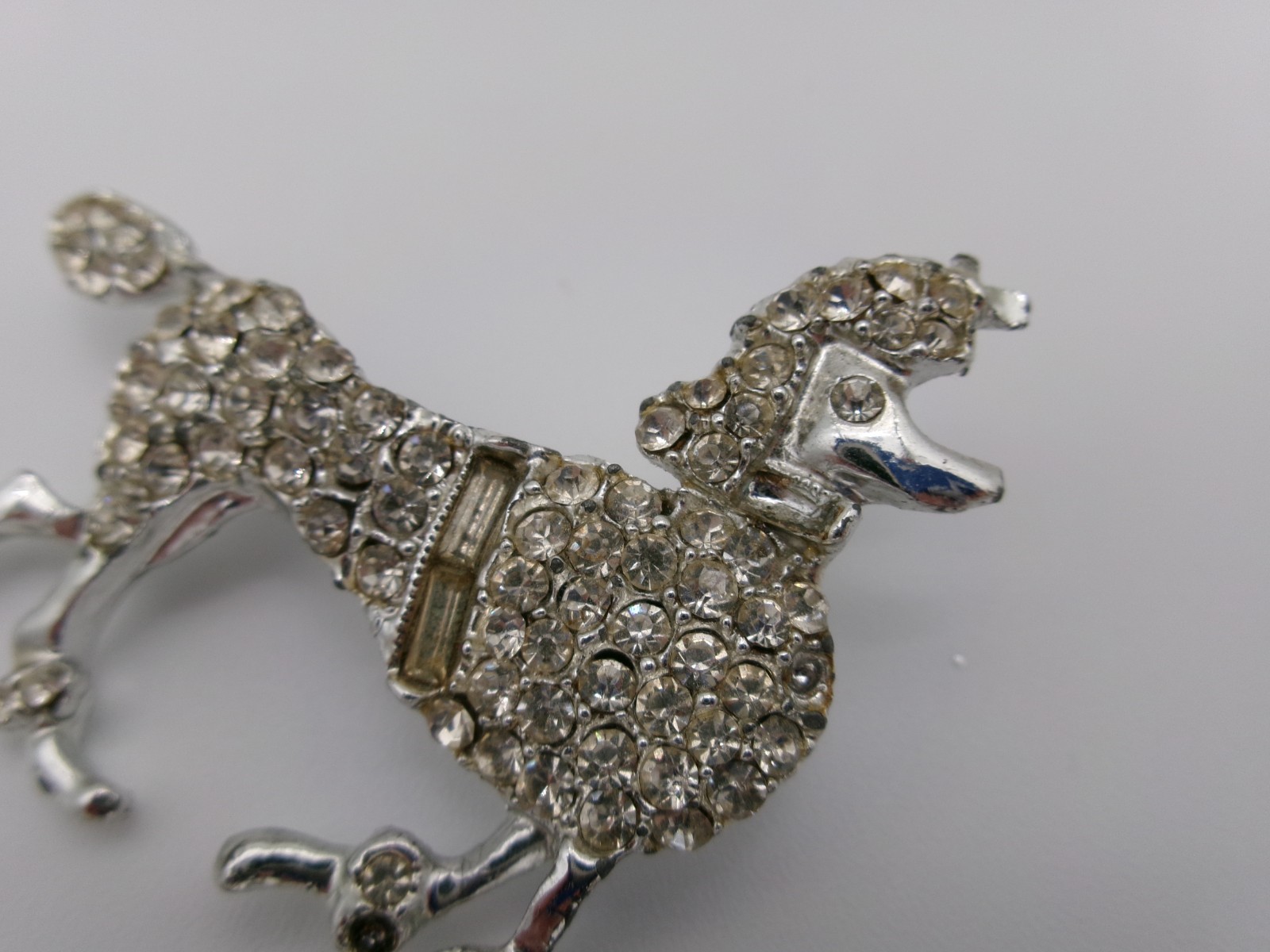 Vintage Poodle Dog Brooch Pin Mid Century Modern Rhinestones SIlvertone Unsigned