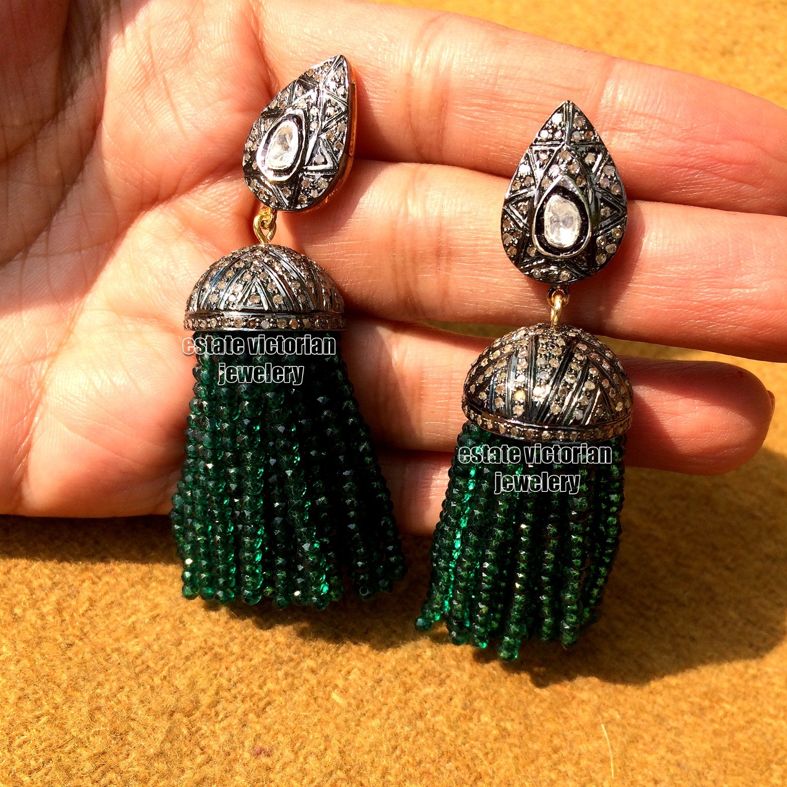 3.40Ctw Rose Antique cut Diamond Emerald Victorian Silver Tassel Earring Jewelry