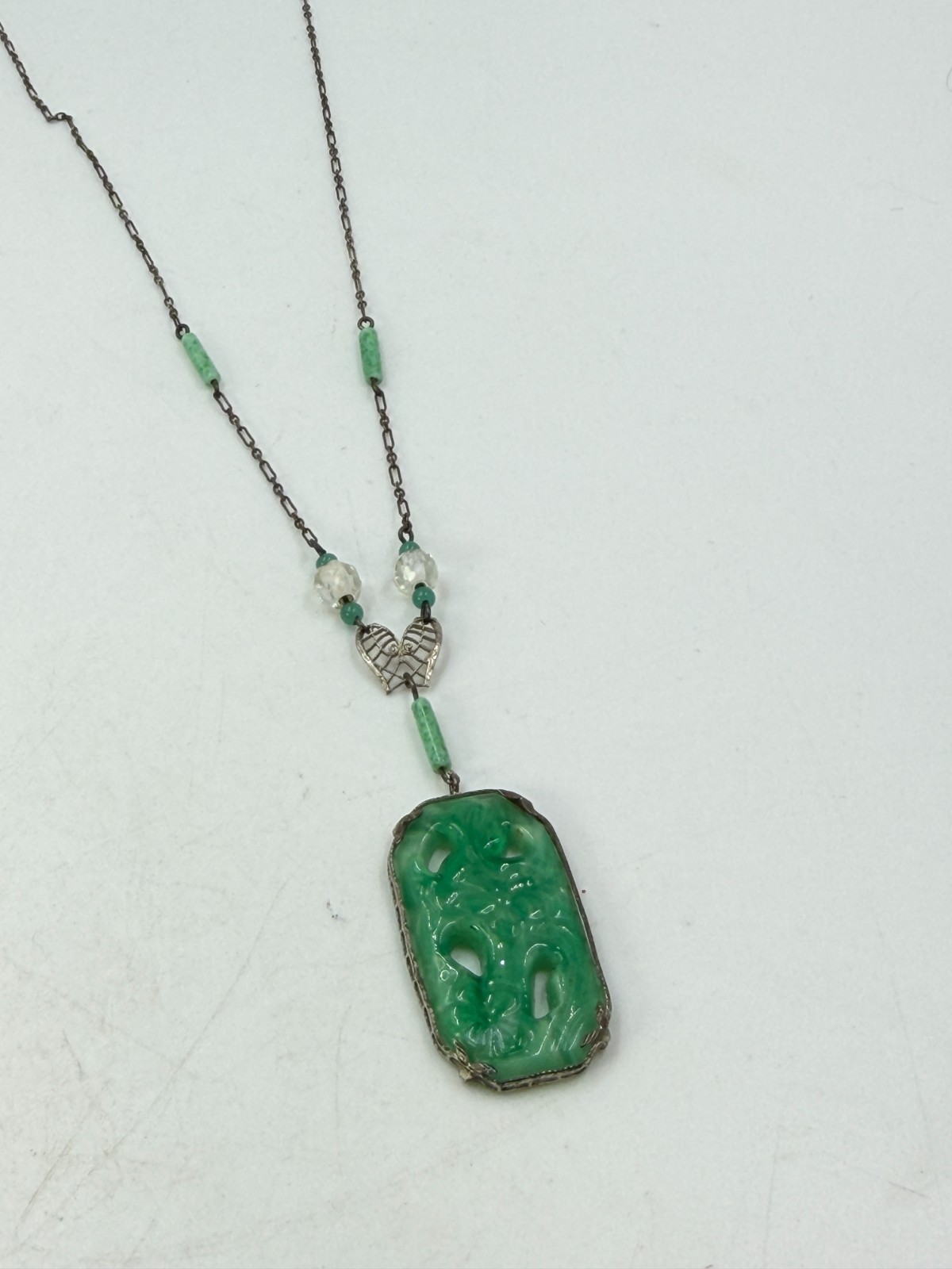 Vintage Necklace Art Deco Green Art Glass FloralBrass Asian Pendant Filigree PJ