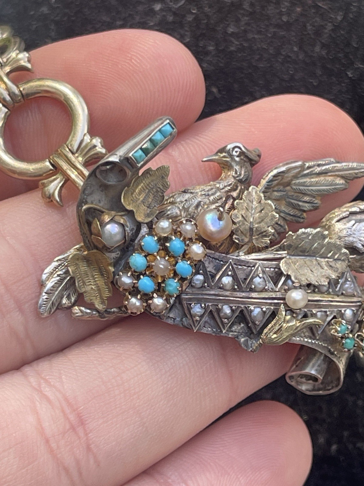 Antique Victorian Sterling Silver Vermeil Bird Turquoise Necklace