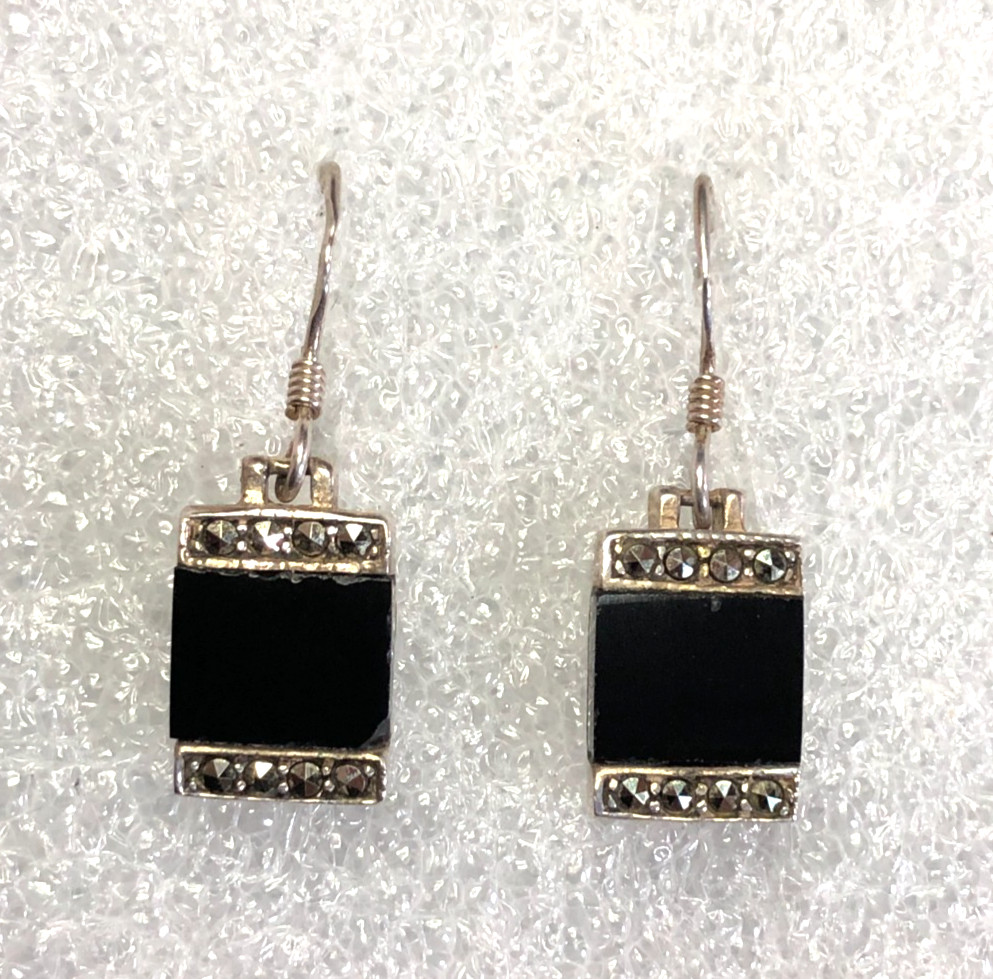 Vintage Sterling Silver Black Onyx Marcasite Dangle Earrings 925 Square 1″ 7806