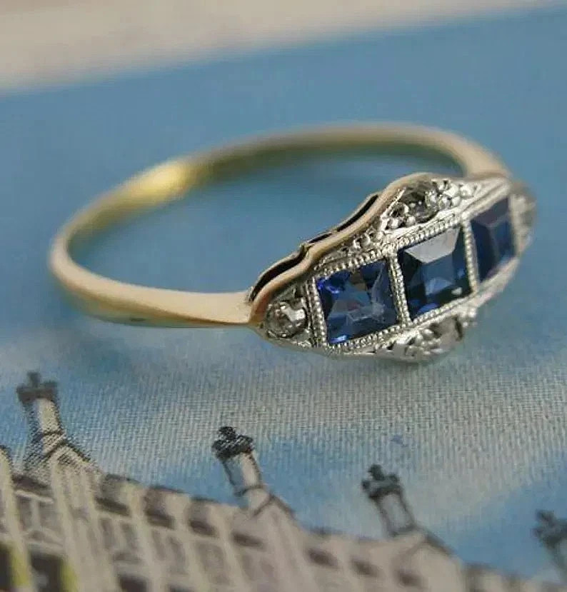 Art Deco Vintage Style Sapphire Lab Created Diamond 14K Gold FN Engagement Ring