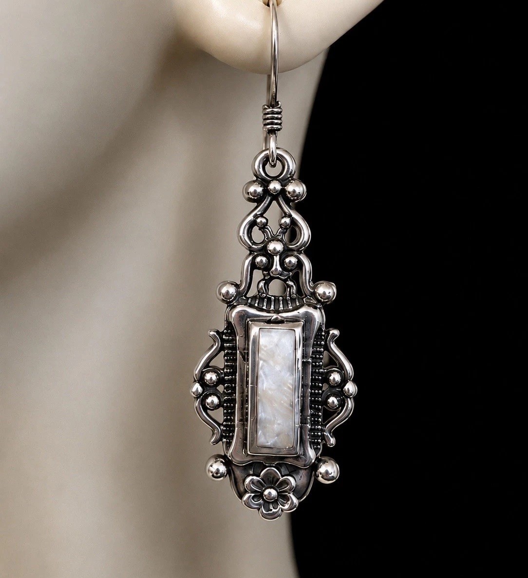 Art Deco Style Earrings Sterling Silver Mother of Pearl Estate Jewelry 5.6 Grams