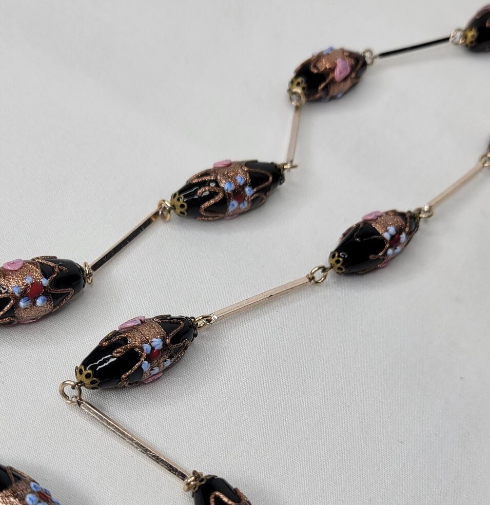 Vintage Venetian Glass Beaded Necklace Black Pink Blue Lampwork Beads Gold Tone