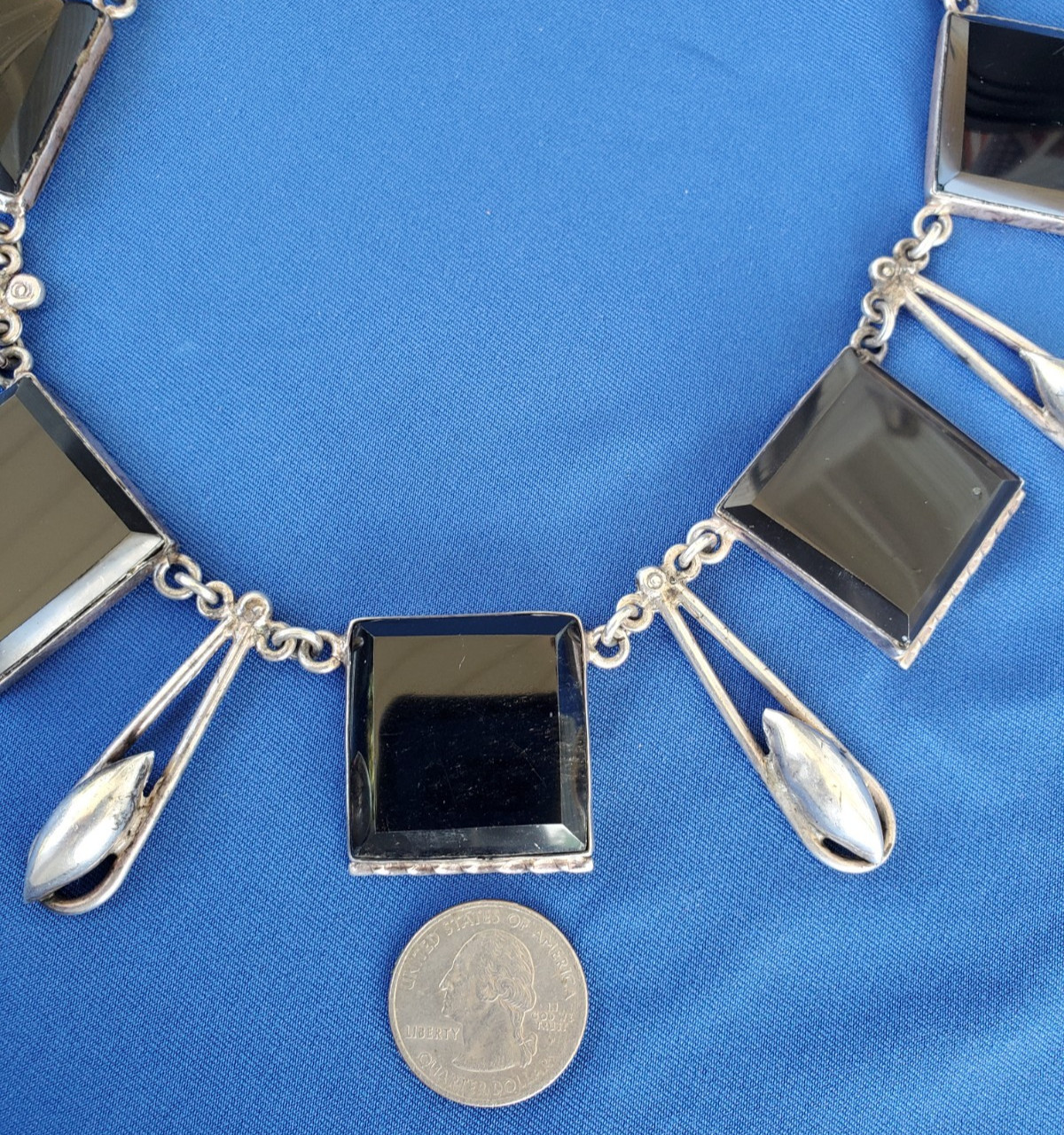 Original STERLING SILVER 925 Deco Onyx Modernist Necklace 186 Gr Vintage 18″ In