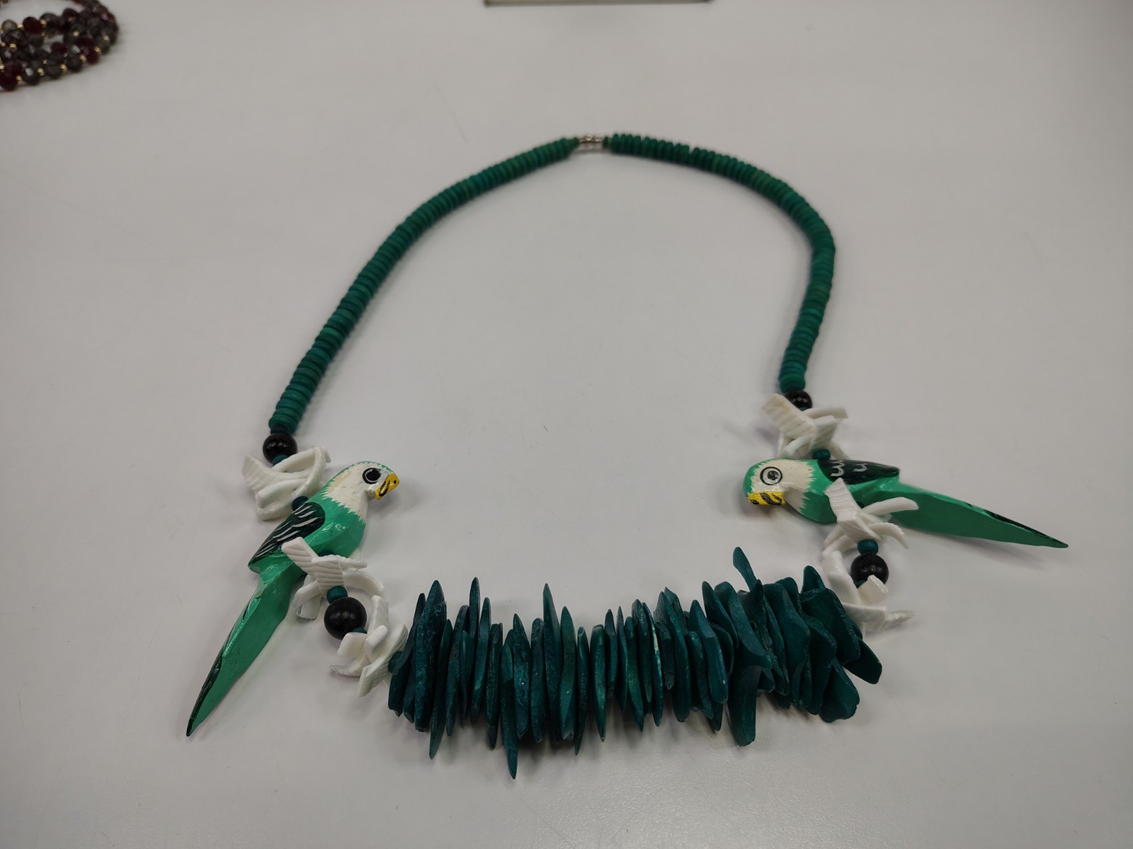 Vintage Hand Crafted Painted Island Parrot Wooden Beaded Necklace + Necklace