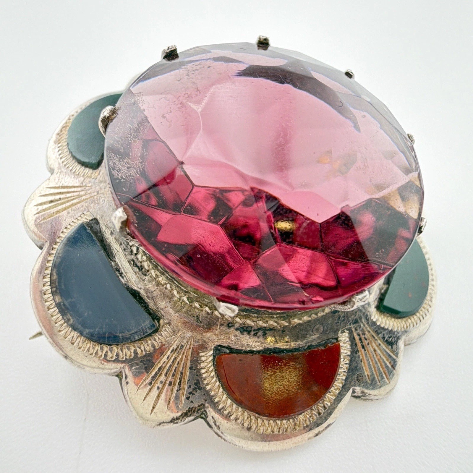 Vintage Scottish Silver Agate Brooch Large Amethyst Glass Scotland AAU 41
