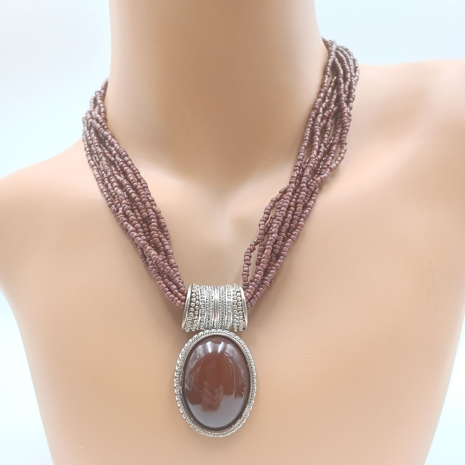 Vtg Multi Strand Brown Seed Bead Collar Necklace Oval Pendant Silver Tone Frame